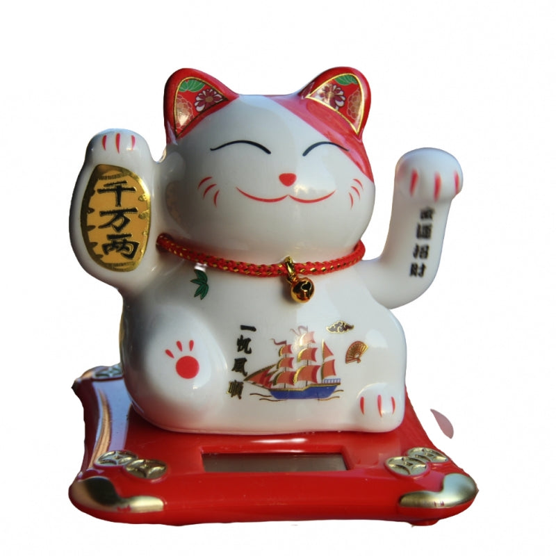 Solarbetriebene, automatisch winkende Hand – Maneki Neko – Glückskatze aus Porzellan und Keramik.