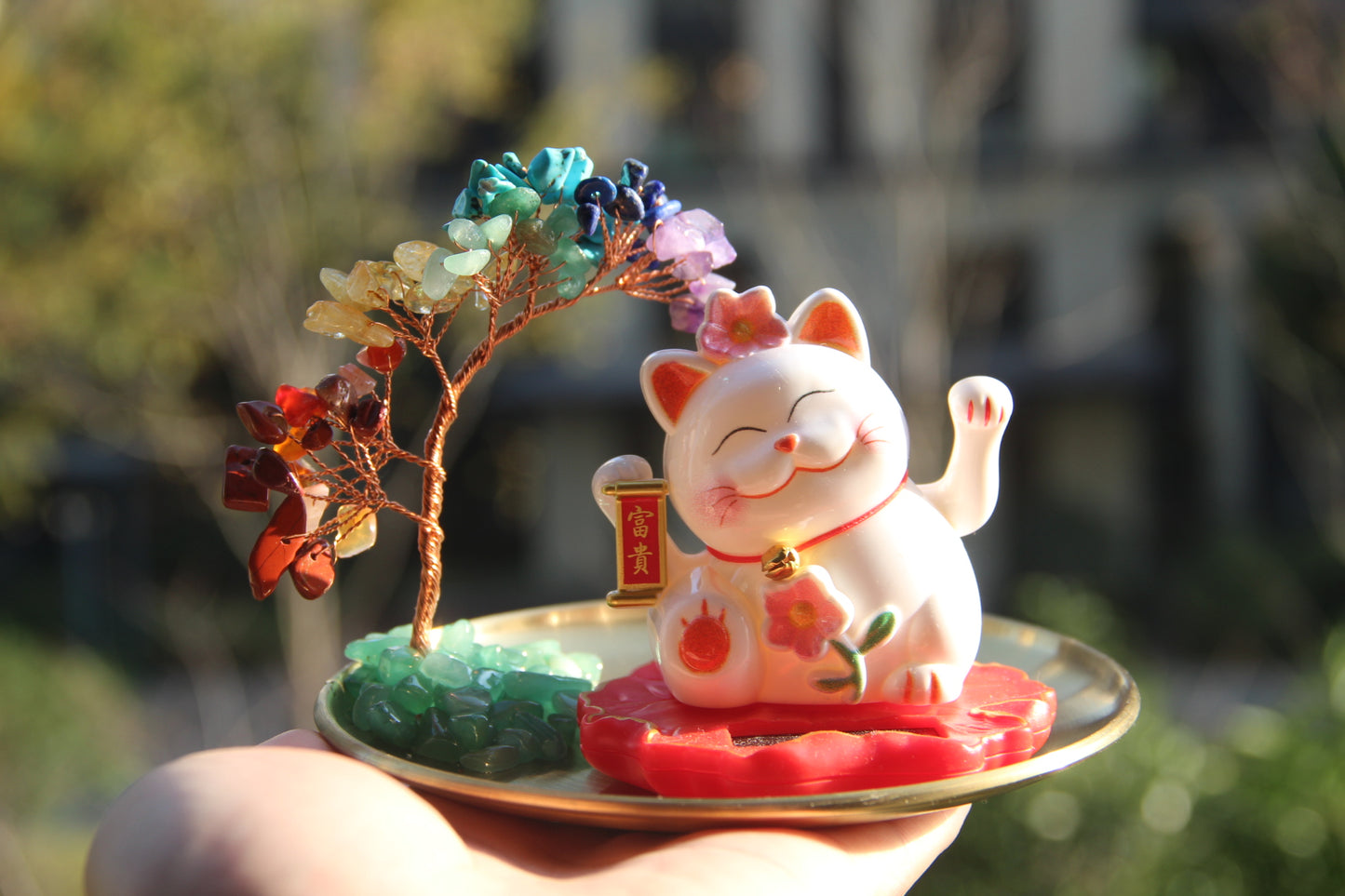 Maneki Neko Lucky cat "Blossom" solar energy auto waving hand bring you fortune and good luck