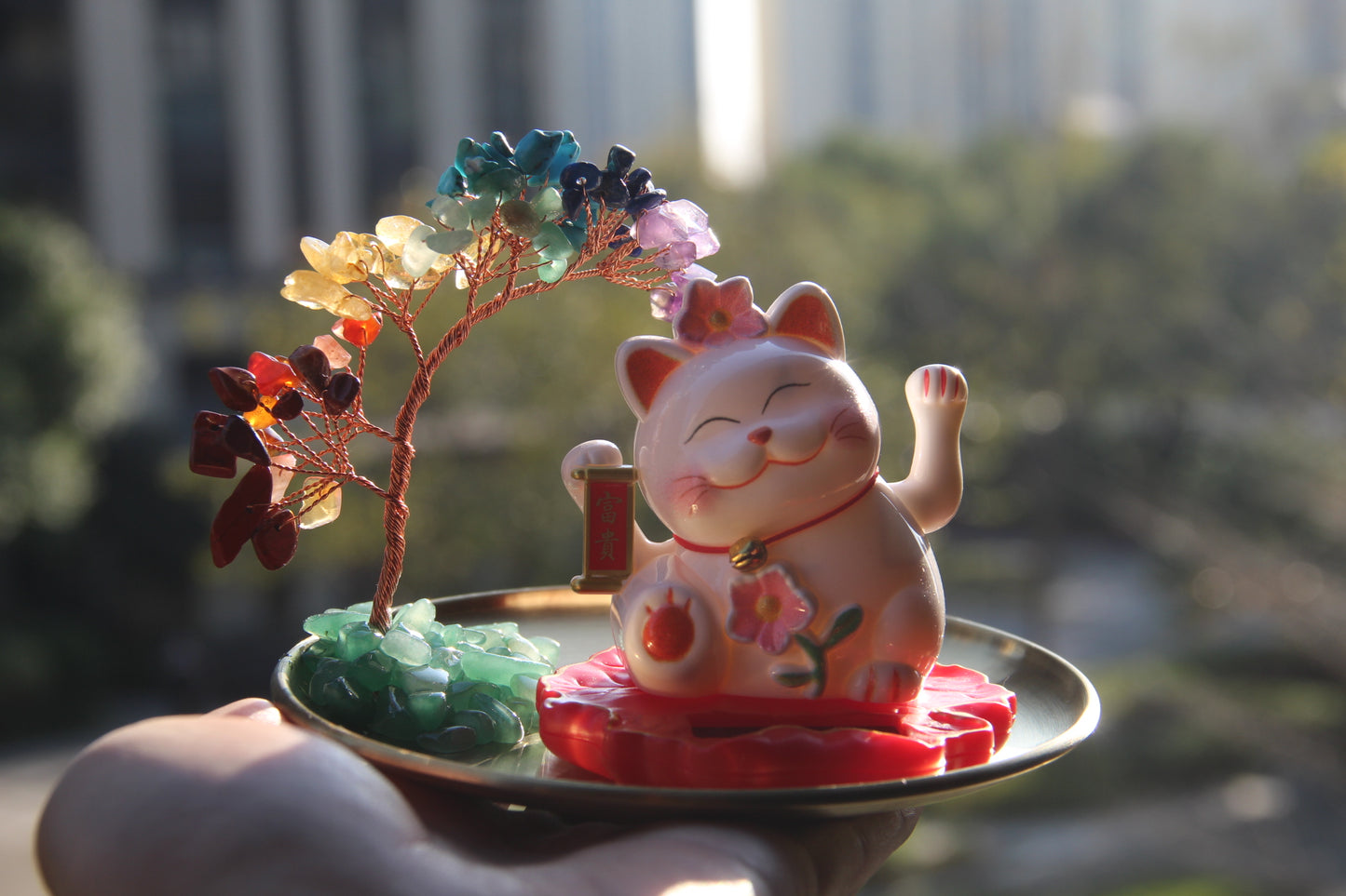 Maneki Neko Lucky cat "Blossom" solar energy auto waving hand bring you fortune and good luck