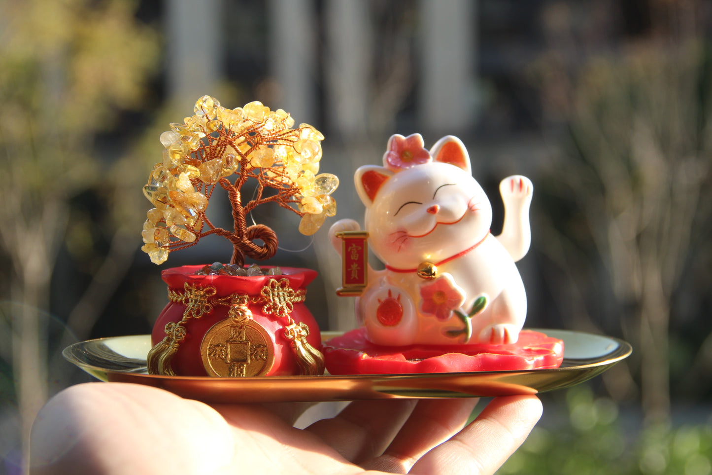 Maneki Neko Lucky cat "Blossom" solar energy auto waving hand bring you fortune and good luck