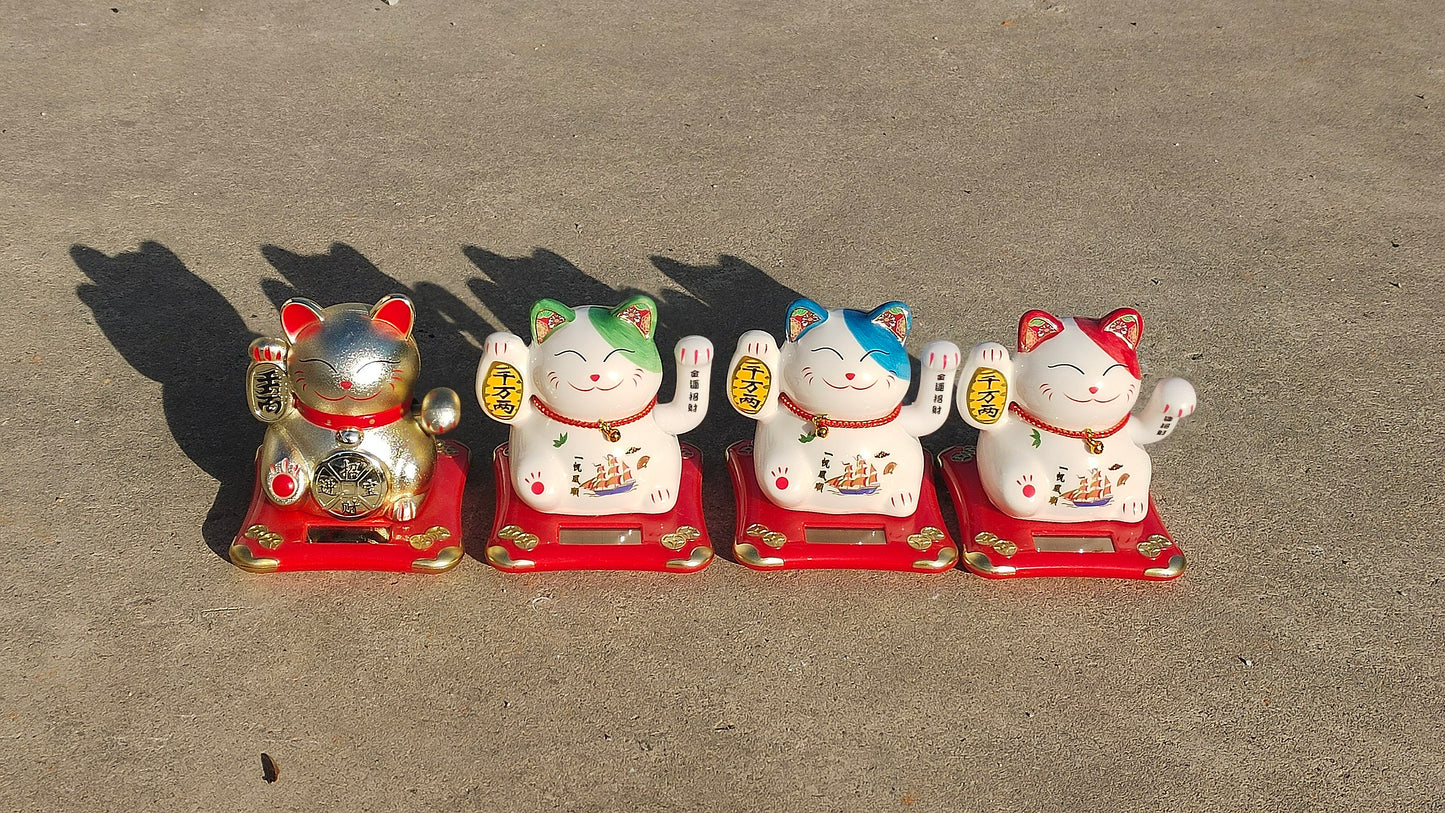 Solar energy auto waving hand Maneki Neko Lucky cat porcelain ceramic.