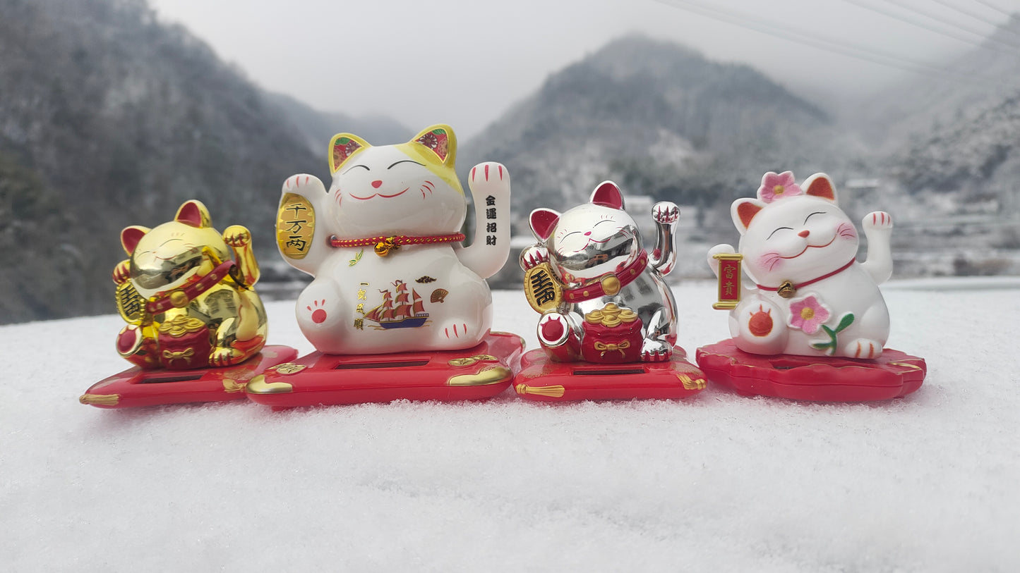 Solar energy auto waving hand Maneki Neko Lucky cat porcelain ceramic.